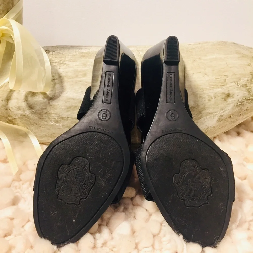 Etienne Aigner | Black Patent Leather Wedge Open Toe Heels 6